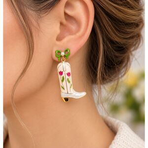 Cowboy Boot Enamel Earrings White Tulip Floral Green Bow Western Cowgirl Dangle